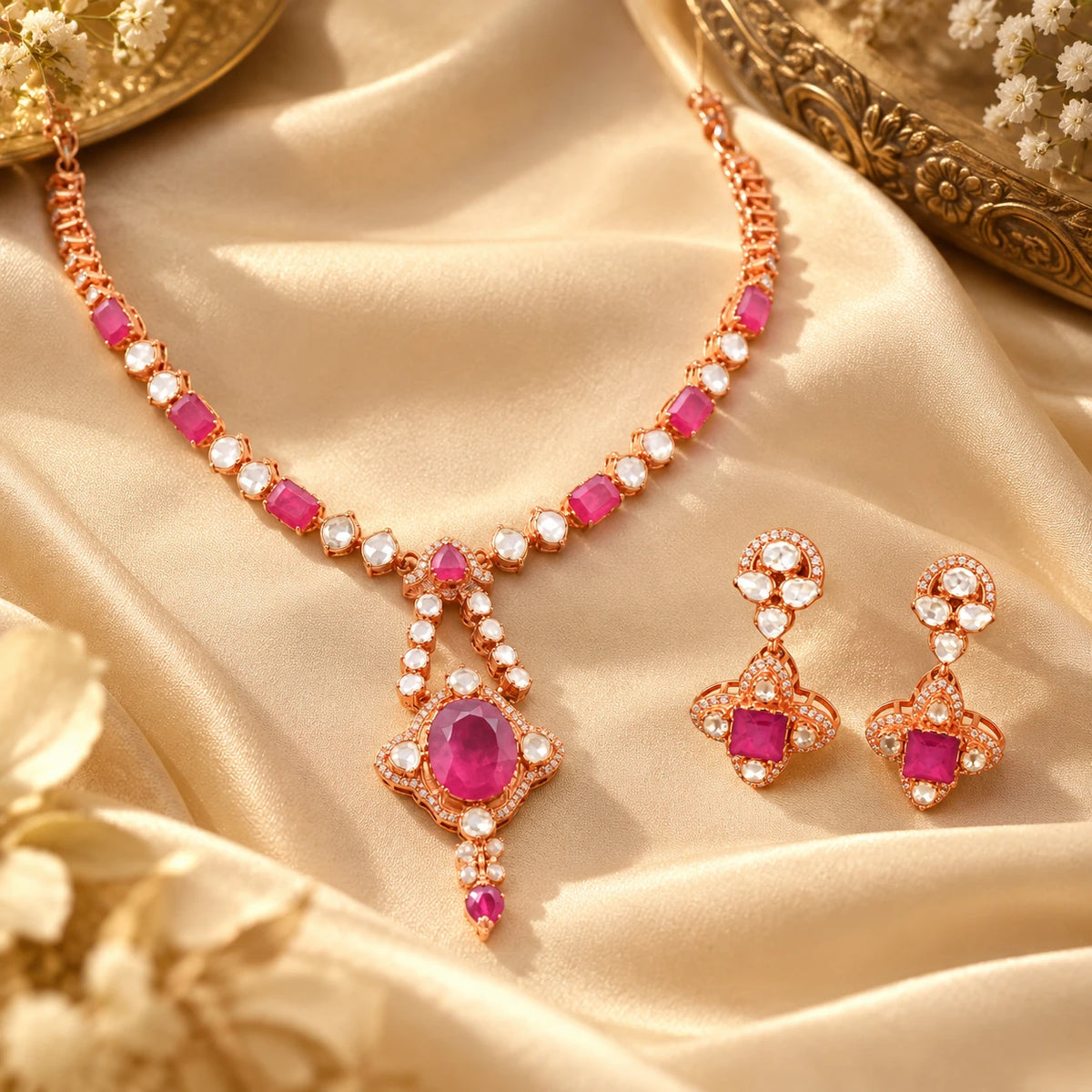 Gajaah 925 sterling silver necklace and earrings set with rose gold and ruby accents, elegant bridal jewelry for women.