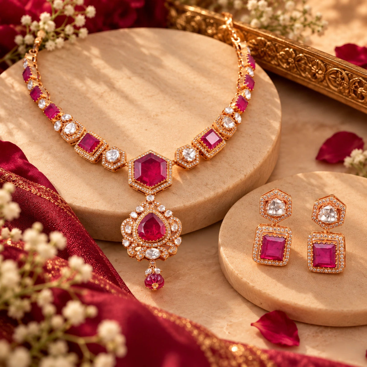 Gajaah 925 sterling silver necklace and earrings set with ruby and diamond accents, elegant bridal jewelry for women.