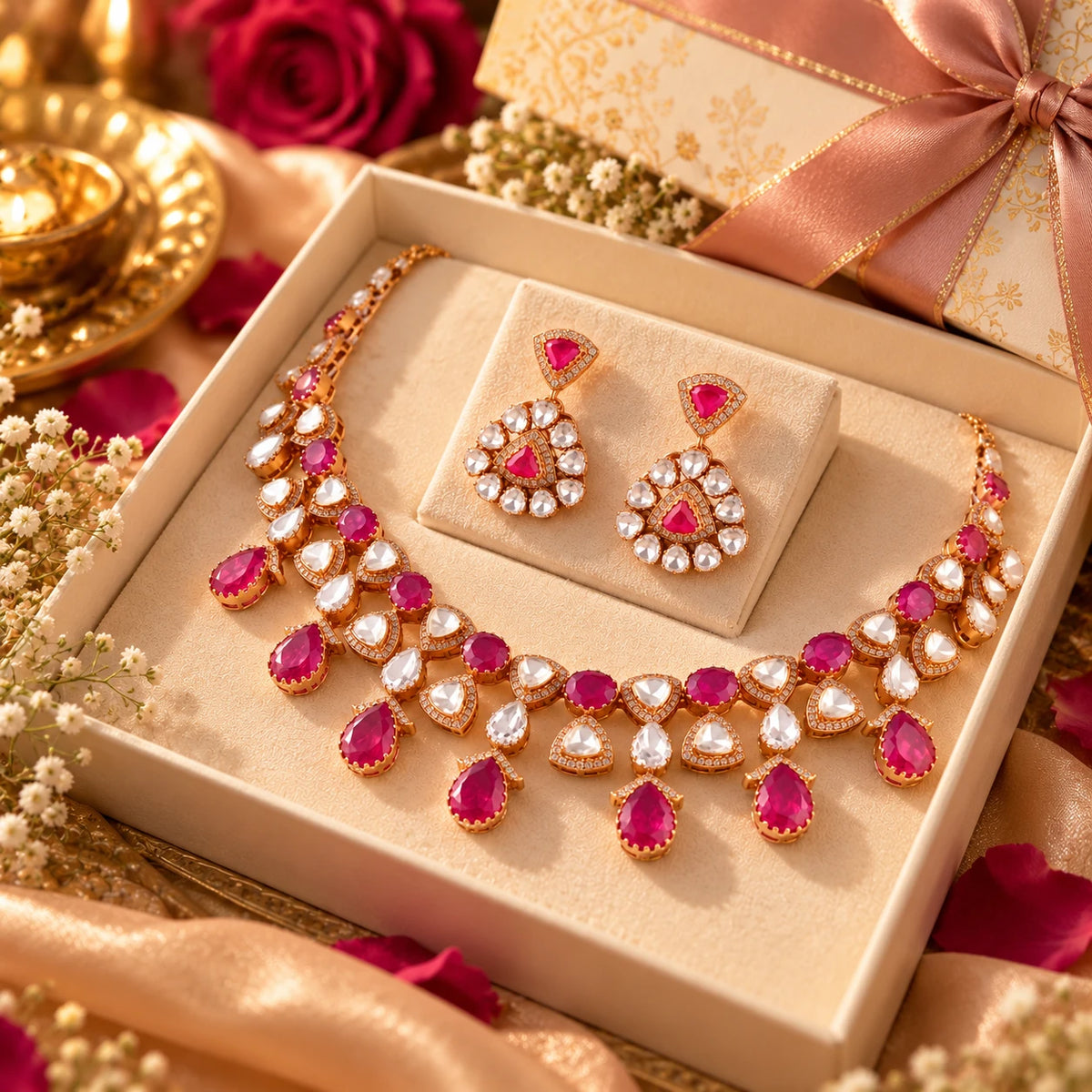 Gajaah 925 sterling silver emerald necklace and earrings set featuring ruby and gold accents for bridal and festive occasions.