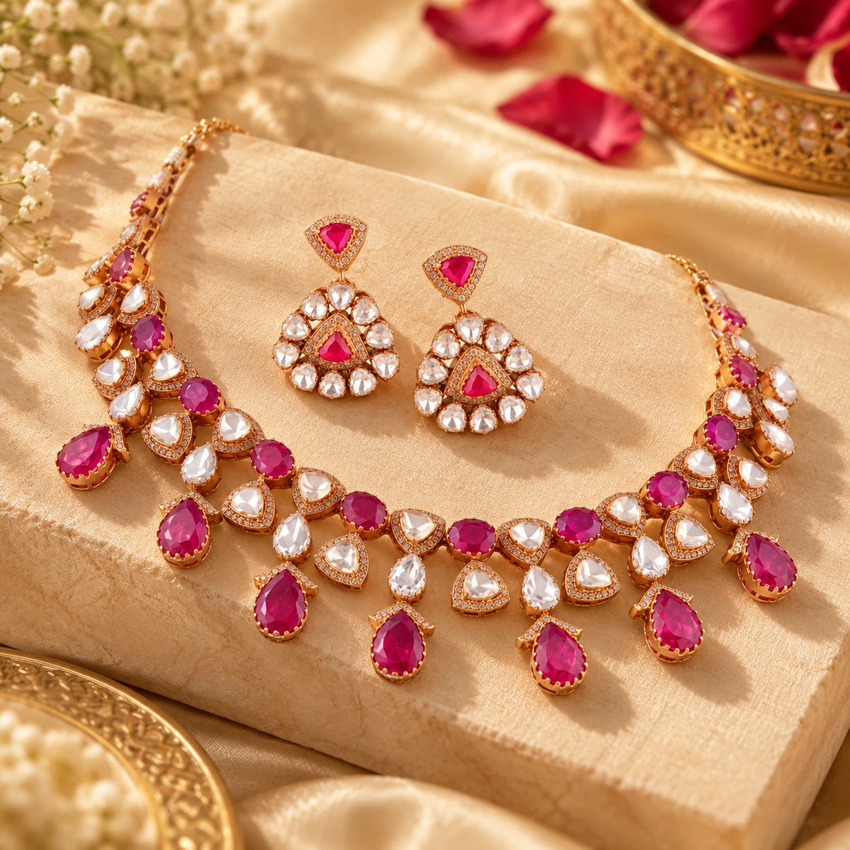 Elegant Gajaah 925 sterling silver emerald necklace and earrings set featuring ruby and rose gold accents for bridal and festive wear.