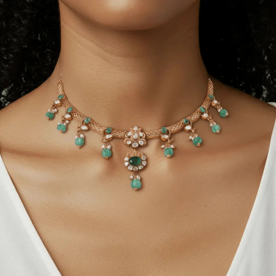 Gajaah 925 Sterling Silver Emerald Green Necklace & Earrings Set – Premium Pure Silver Traditional Jewellery for Women - GajaahNecklaceGajaah