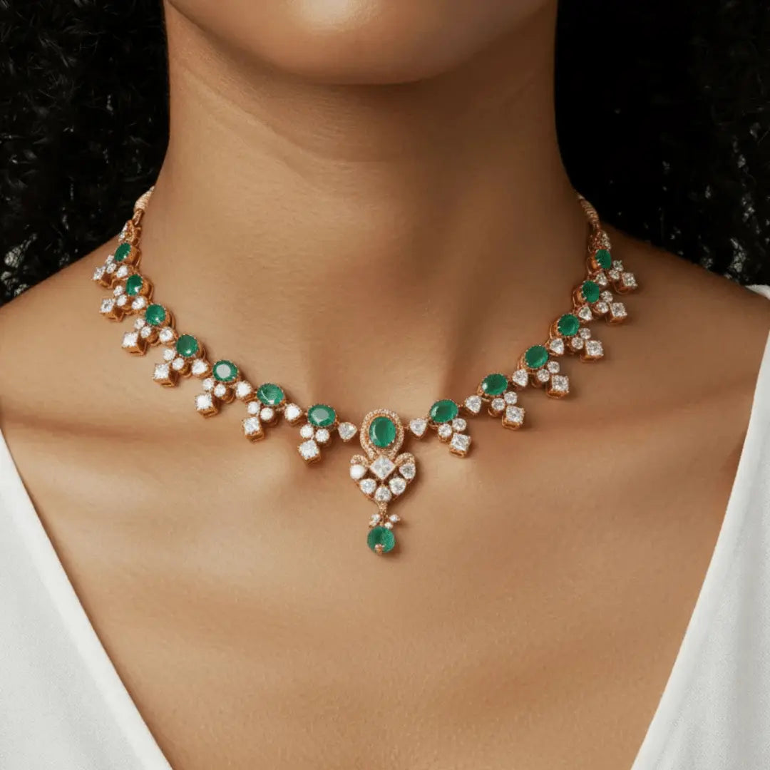 Gajaah 925 Sterling Silver Emerald Stone Necklace & Earrings Set – Premium Pure Silver Bridal & Festive Jewellery - GajaahNecklaceGajaah