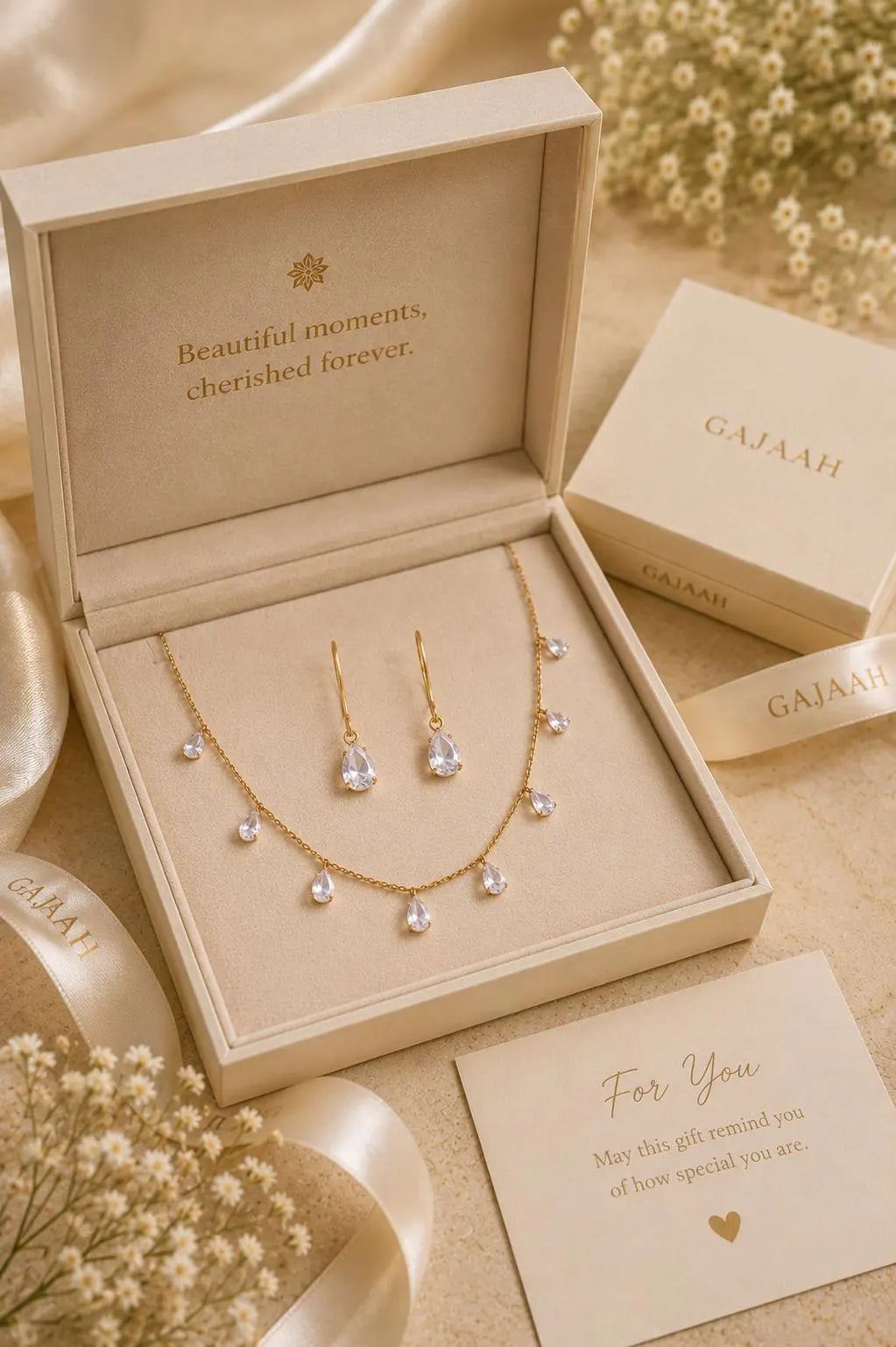 Gajaah elegant teardrop crystal gold necklace and matching earrings set with sparkling crystal details on a jewelry display