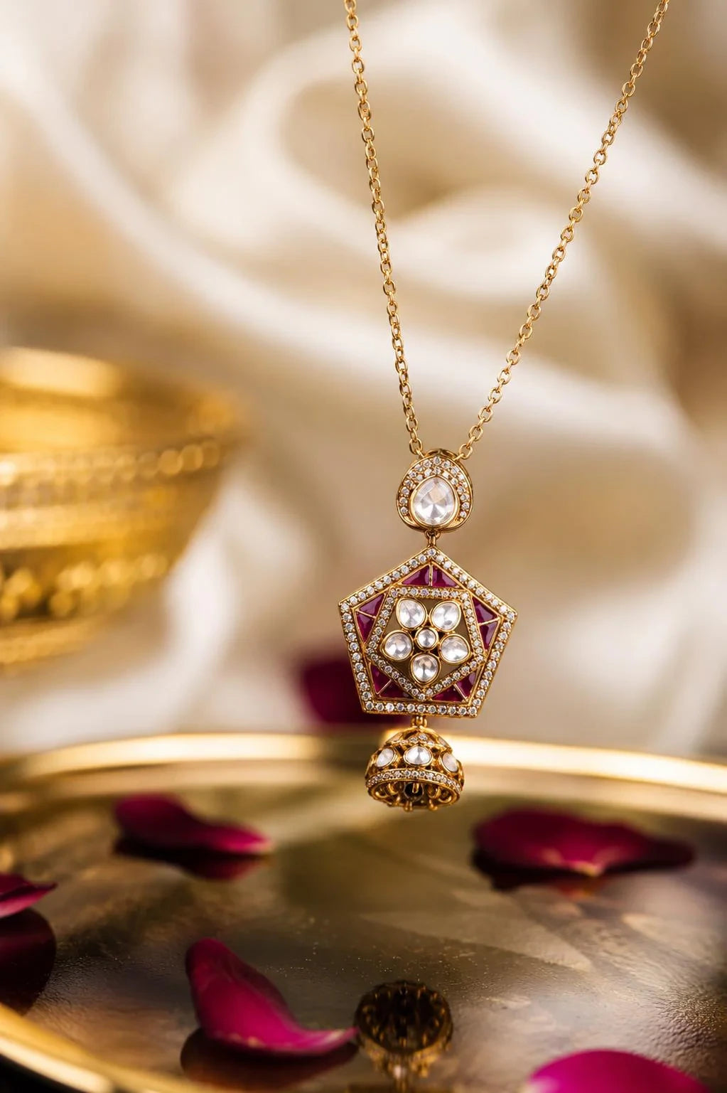 Gajaah 925 silver gold-plated Kundan and ruby enamel pendant necklace featuring traditional ethnic jewelry for women.