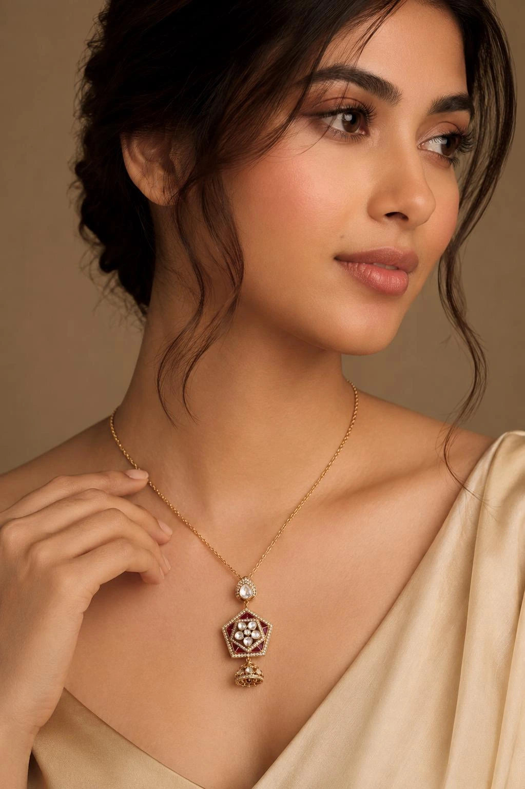 Gajaah 925 silver gold-plated Kundan and ruby enamel pendant necklace with traditional ethnic design for women.